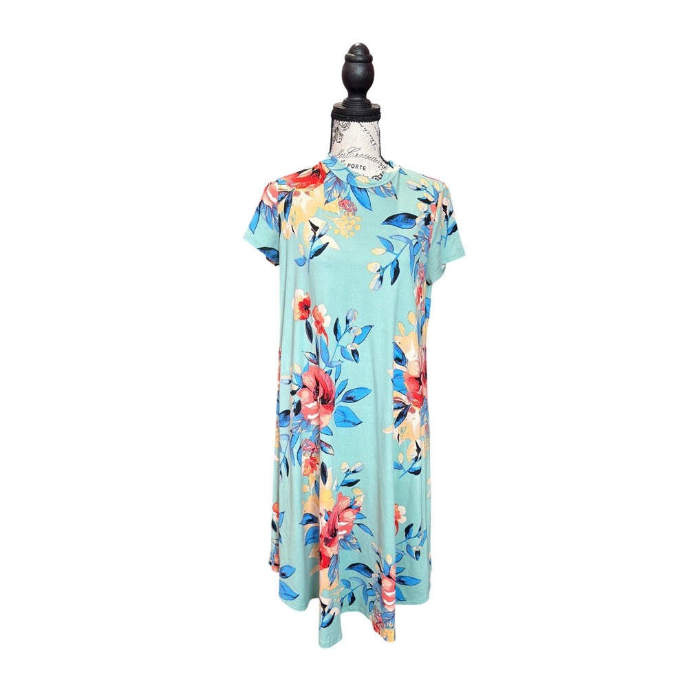 Reb & J. Floral Mock Neck High-Low Midi Dress Turquoise‎ Medium T1403-FL32